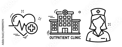 Healthcare icons: outpatient clinic, heartbeat symbol, female nurse illustration