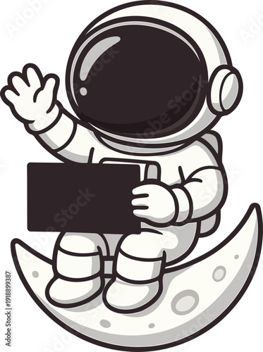 A cute cartoon astronaut waves cheerfully while holding a tablet, sitting on a crescent moon, portraying the blend of technology and space exploration in a whimsical way.