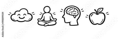 Simple line art symbols of cloud yoga meditation brain and apple icons