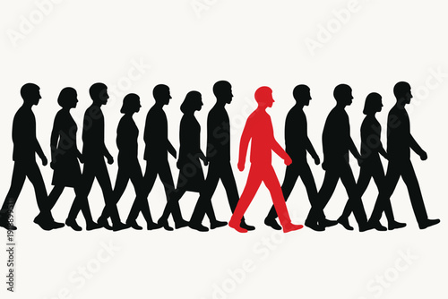 Individuality concept vector: One red person stands out from a black silhouette crowd, symbolizing leadership and uniqueness on white.