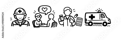 Healthcare icons: medical assistance and emergency response illustrations