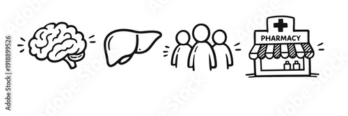 Brain, liver, community, pharmacy: essential health symbols in line art