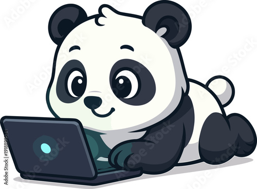 This delightful illustration shows a cute panda lying on its stomach, enthusiastically typing on a laptop, symbolizing engagement in the digital world, great for tech themes.