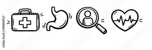 Healthcare icons: first aid, stomach, magnifying glass, heartbeat