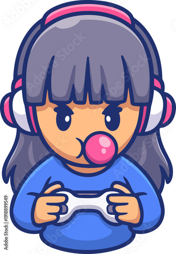A cartoon-style girl blowing bubble gum while holding a game controller, showcasing the fun and playful essence of gaming culture among the younger generation.