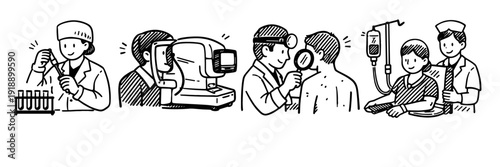 Healthcare professionals performing lab tests eye exams skin checks and iv therapy
