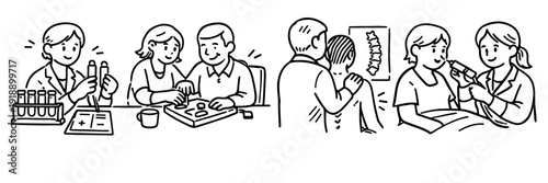 Healthcare processes: blood test, meal planning, x-ray, and check-up illustration