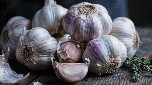Group of Fresh Garlic Bulbs and Cloves on a Rustic Wooden Surface with Delicate Papery Skins