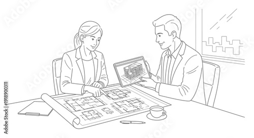 Two architects discussing building plans and 3D models on a tablet and blueprints.