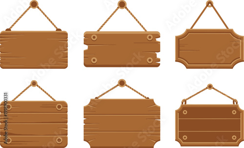 Hanging Wooden Sign Boards: Six unique wooden signs with ropes, featuring rustic textures and varied shapes for decorative or informational use.