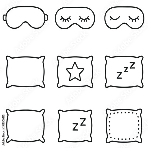 Line art vector icon set: Sleep masks and decorative pillows for bedroom relaxation, night rest, comfort, and sleep hygiene.