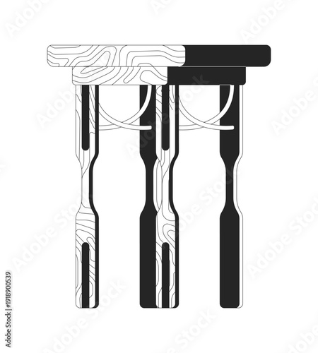 Wooden bar stool furniture 2D line object. Carpentry work. Wood texture interior decor. Handmade seat. Artisan craft isolated clipart vector ink outline item. Monochrome spot illustration