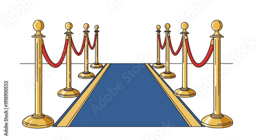 Blue carpet with golden stanchions and red velvet ropes creating an exclusive pathway.