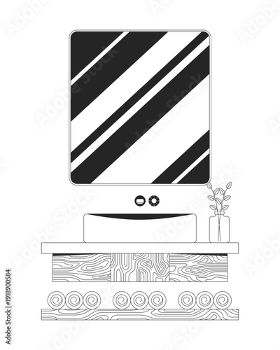 Modern bathroom sink with mirror 2D line object. Interior design. Home renovation furniture. Wash basin with wooden cabinet isolated clipart vector ink outline item. Monochrome spot illustration