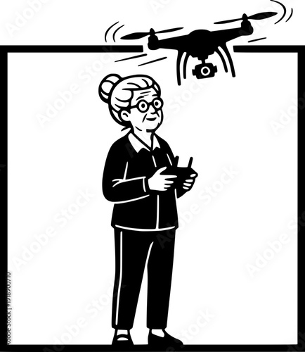Senior woman with glasses using a remote control to fly a drone. Stylized black and white vector illustration of an elderly person engaging with modern technology or a hobby.