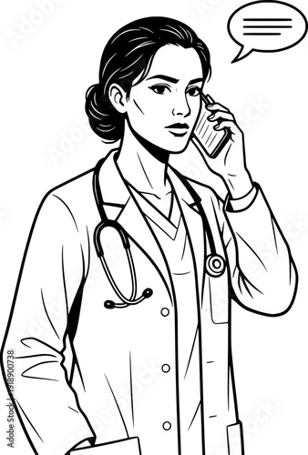 Female doctor with stethoscope talking on a smartphone with a speech bubble. Black and white vector illustration of a healthcare professional providing a medical consultation or telecare.