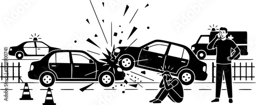 Car crash scene with emergency services. Black and white vector illustration of a vehicle collision with a police car, ambulance, and distressed person on the road.