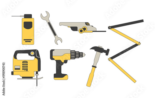 Construction tools 2D cartoon objects set. Repair diy equipment. Home improvement. Spray can. Angle grinder. Handtools isolated elements flat vector clip arts on white. Spot illustrations collection