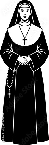 Catholic nun in traditional black and white habit with a cross necklace and rosary. Stylized vector illustration of a religious sister standing in a peaceful pose.