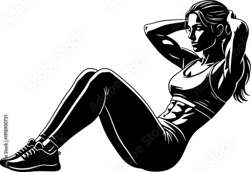 Athletic woman performing sit-ups or crunches exercise. High-contrast black and white vector illustration of a fit female training core muscles in a graphic novel style.