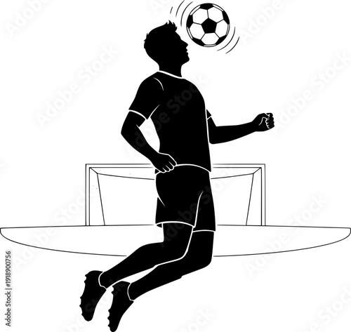 Silhouette of a soccer player jumping to head the ball in front of a goal. Action-packed vector illustration of a football player performing a header during a match.