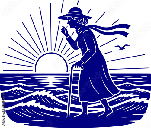Senior woman with a walking stick standing on the shore at sunrise. Blue and white vector illustration of an elderly lady watching the ocean waves, symbolizing peace, retirement, and reflection.