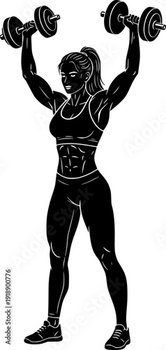 Strong athletic woman performing an overhead dumbbell press. Black and white vector illustration of a fit female bodybuilder training shoulders and arms on white background.