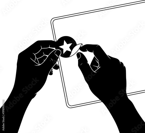 Close-up of hands applying a circular star sticker to a surface. Black and white vector illustration of hands peeling and sticking a label, representing branding, quality control, or personalization.
