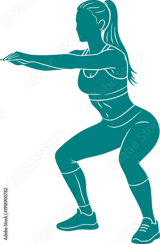 Athletic woman performing squats exercise. Teal blue vector silhouette of a fit female training glutes and legs, representing fitness, strength, and a healthy lifestyle.