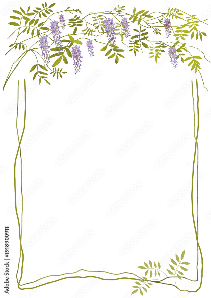 Obraz premium Floral wisteria frame with cascading purple blossoms and green leaves. Elegant botanical border with copy space, perfect for wedding invitations, greeting cards, posters and spring stationery.