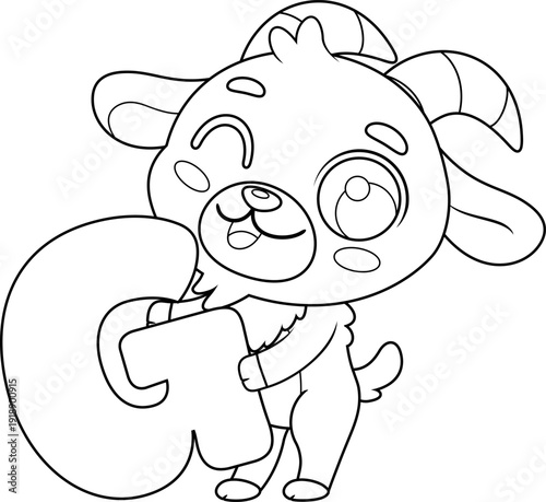 Cute Goat Alphabet With Letter G Cartoon Character - Black and White Vector Hand Drawn Illustration Isolated On Transparent Background