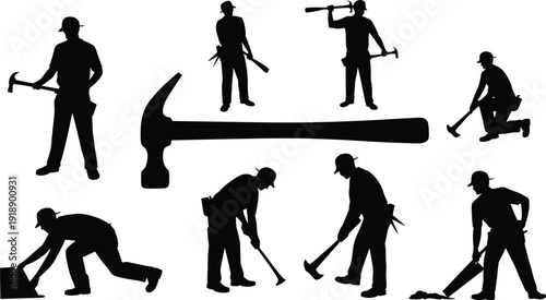 Carpenter and construction worker silhouettes with hammer tools and labor poses, professional handyman vector illustration isolated on white background, black design set