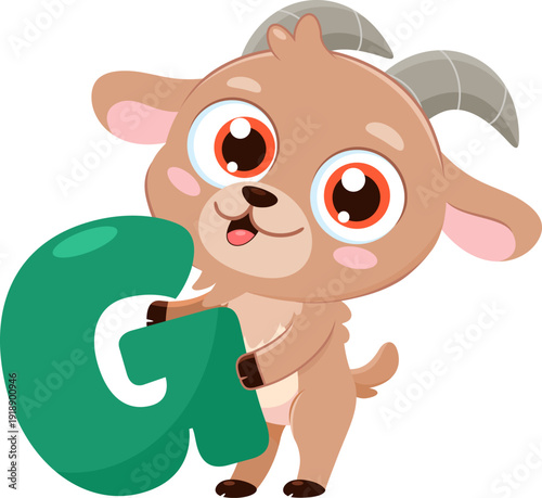 Cute Goat Alphabet With Letter G Cartoon Character – Vector Illustration Flat Design Isolated On Transparent Background