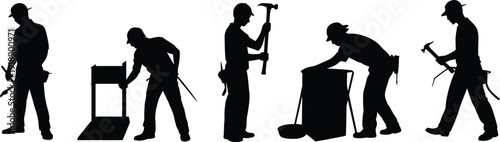 Carpenter and construction worker silhouettes with hammer tools and repair tasks, handyman labor vector illustration isolated on white background