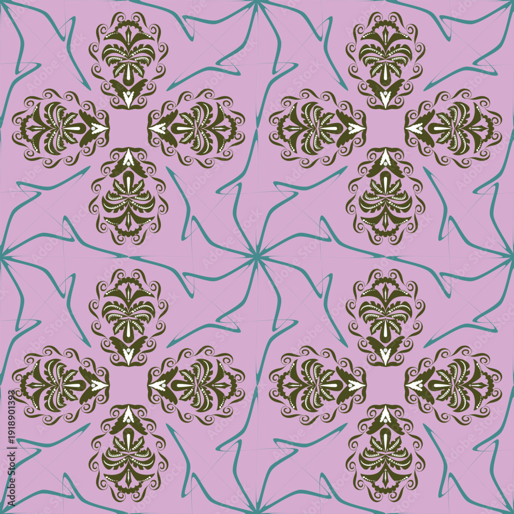 Fototapeta premium A soft decorative pattern with symmetrical green ornamental motifs on a pastel pink background. Suitable for casual fashion fabrics, dresses, scarves, home textiles, packaging, stationery, and modern 