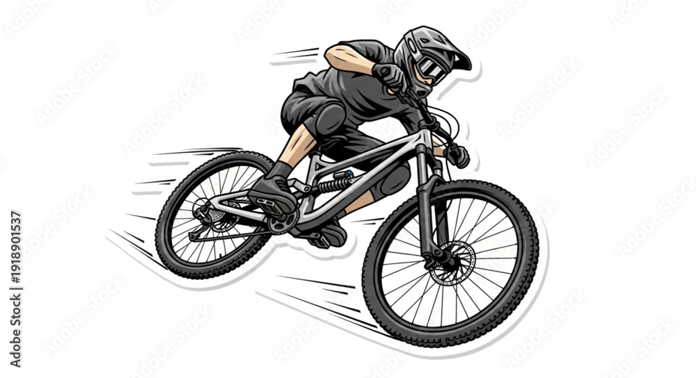 Fototapeta premium Mountain Biker Riding Downhill Fast.