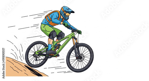 Mountain Biker Riding Downhill Fast.