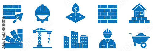 Build solid icon set. Construction blue line icons set. Engineering tools icons. Collection a related to build, construction, building, architecture, worker, and more icons.