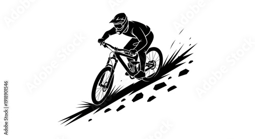 Mountain Biker Riding Downhill Fast.