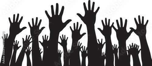 Many hands raised up in the air together silhouette