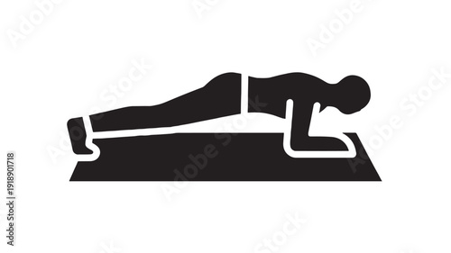 Push-up exercise icon with person in plank position on workout mat, minimalist black silhouette pictogram for fitness training, gym routine, strength and conditioning apps