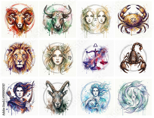 Сollage of the twelve zodiac signs, watercolor and ink wash. Wet-on-wet technique with soft blends, artistic splatters, and drips. For astrology posters, horoscopes, calendars, tarot.