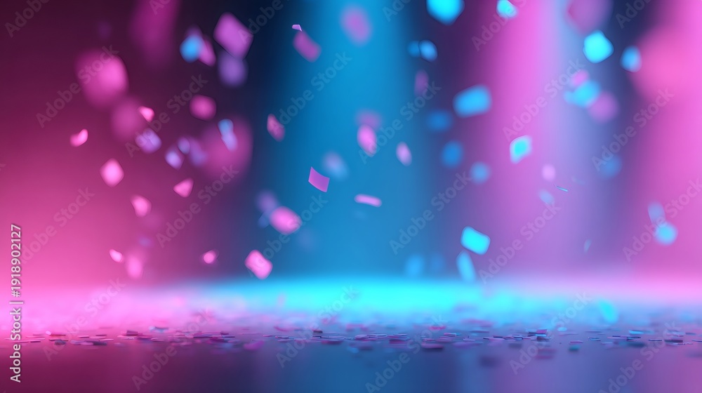 Fototapeta premium Confetti falling on illuminated stage. Pink and blue gradient spotlight background for product display, advertising, or celebration event.