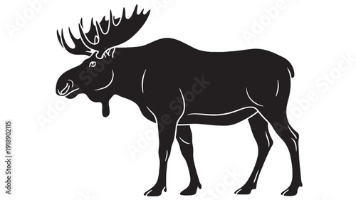 Moose silhouette with large antlers, black on white background, wildlife icon, forest animal graphic featuring nature, mammal, majestic with symbol and logo elements for design, vector projects,