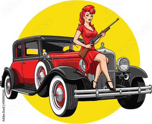 Vintage pin up woman with rifle sitting on classic retro car, bold noir style illustration inspired by 1930s gangster, crime, and pulp poster aesthetics