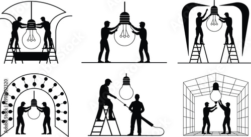 Electricians installing light bulb silhouette set, electrical maintenance workers vector illustration isolated on white background, lighting installation profession collection