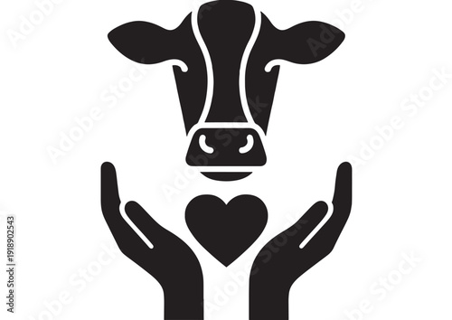 Cow head icon with caring hands and heart symbol, minimalist black silhouette logo for animal welfare, livestock protection, farm charity, veterinary and rescue support
