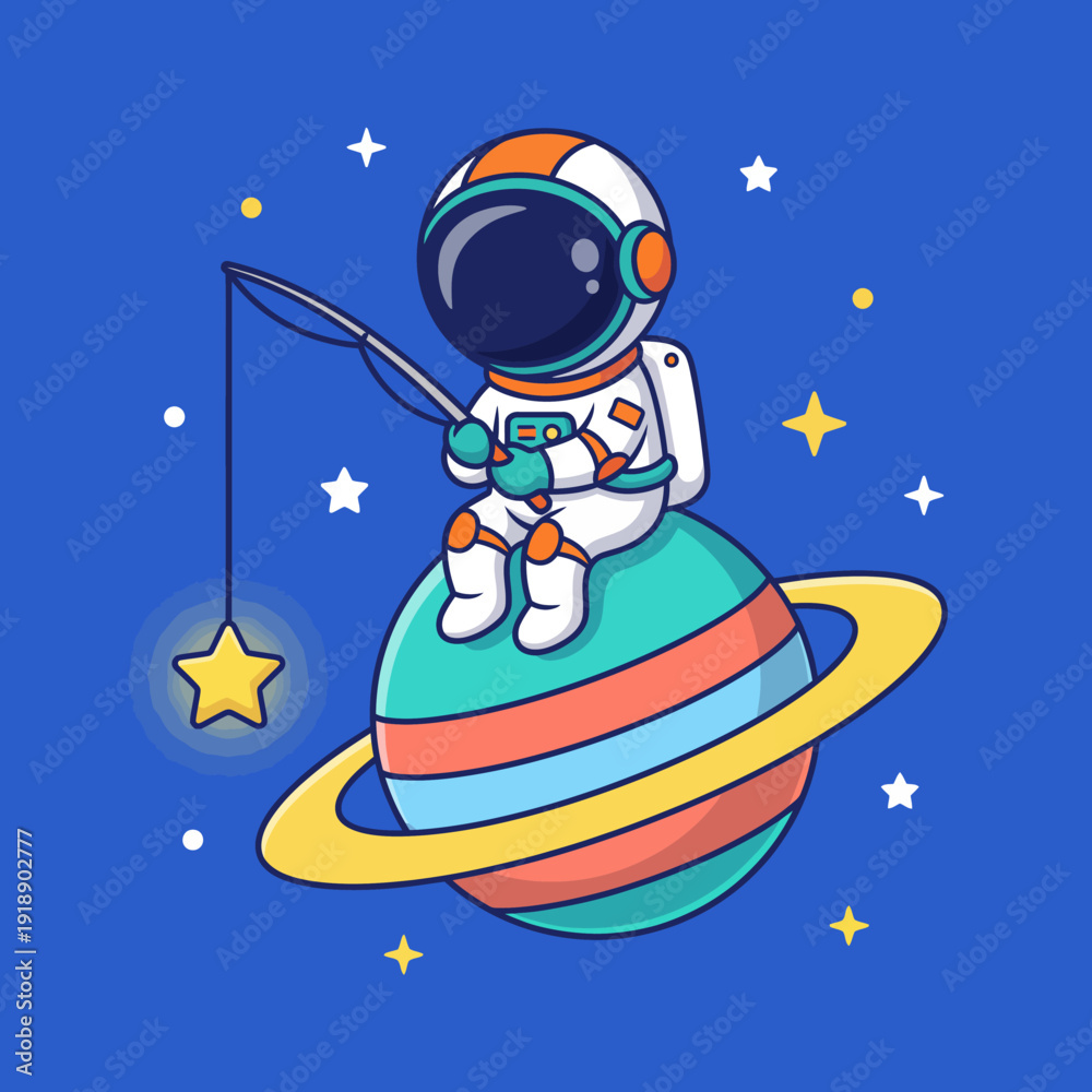 Naklejka premium A whimsical illustration featuring an astronaut fishing for stars whilesitting on a colorful planet, combining elements of fun and spaceexploration in a vibrant way.