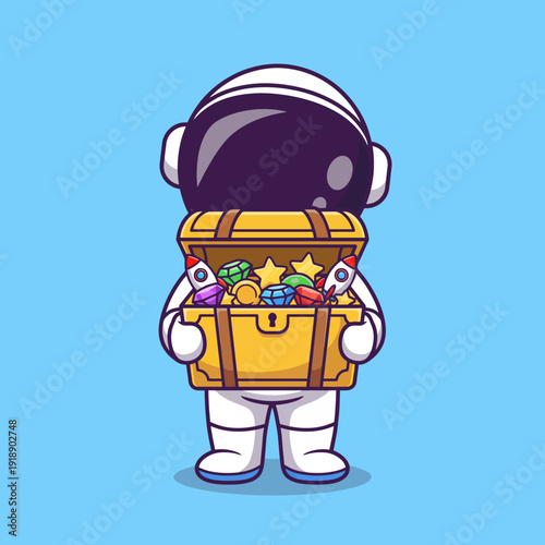 An astronaut holds a treasurechest overflowing with colorful gems and stars, symbolizing discovery, adventure, and thewhimsical treasures found within thevast universe.