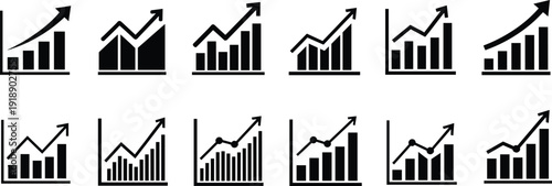 Black financial growth bar chart icons with upward arrows, business analytics graph symbols for profit increase, revenue growth and market performance visualization.